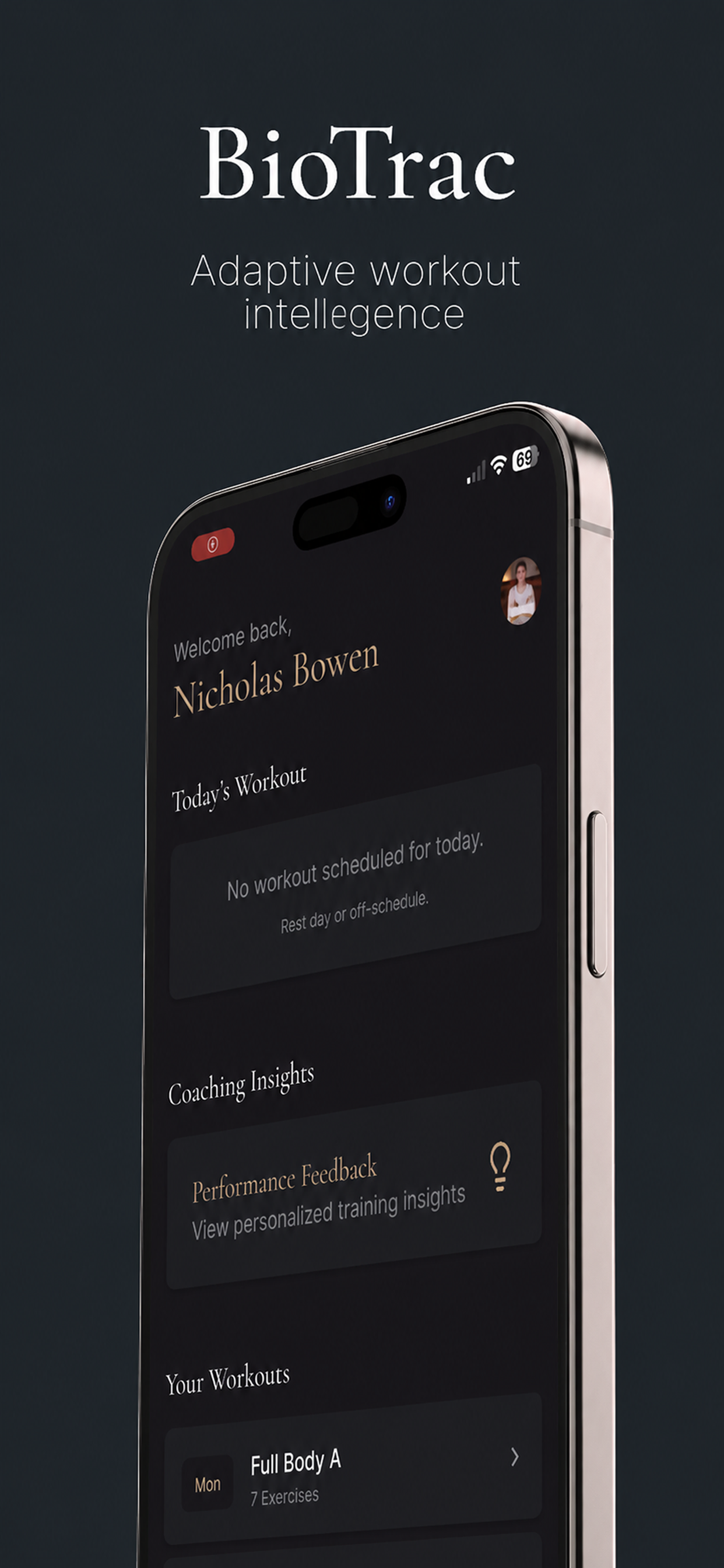 BioTrac app screen showing adaptive workout intelligence
