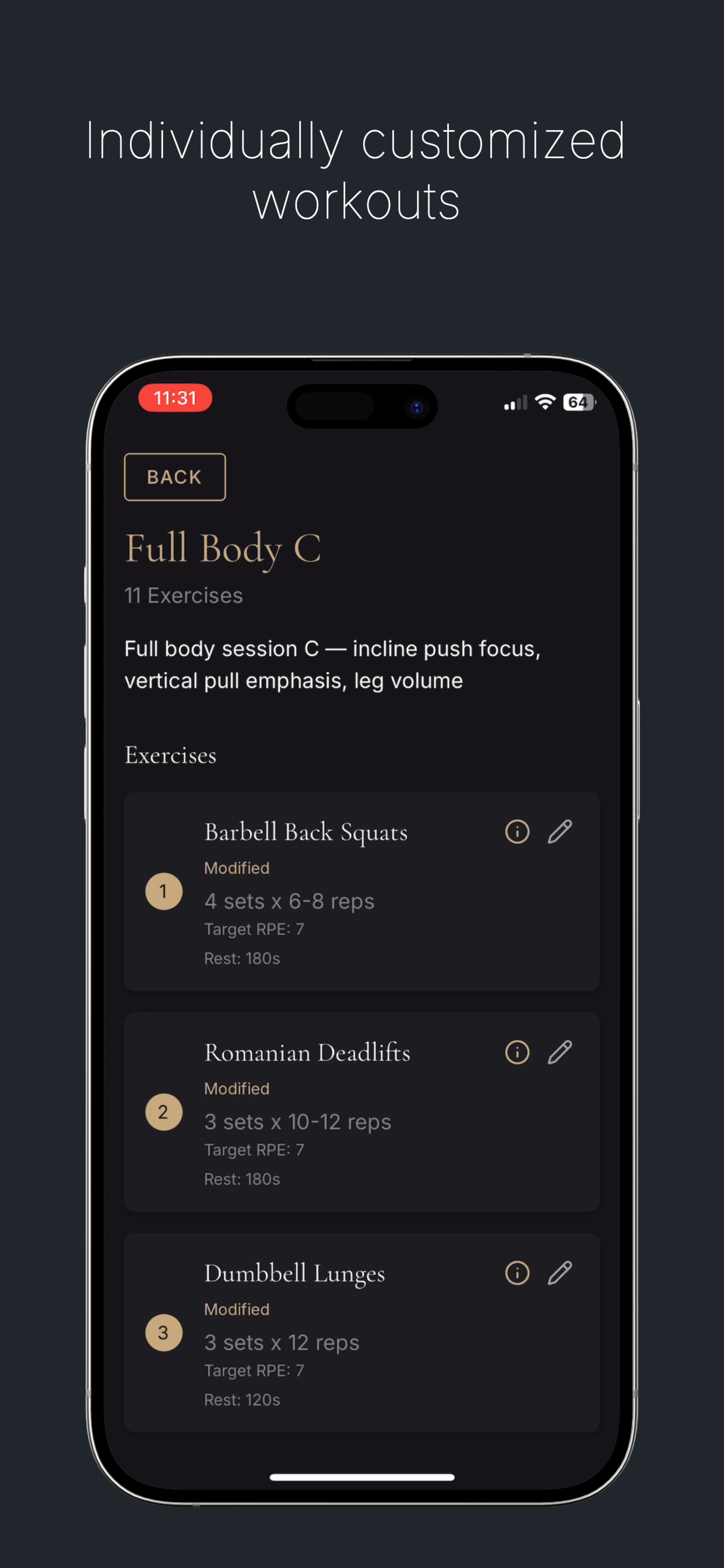 BioTrac workout plan screen with training details