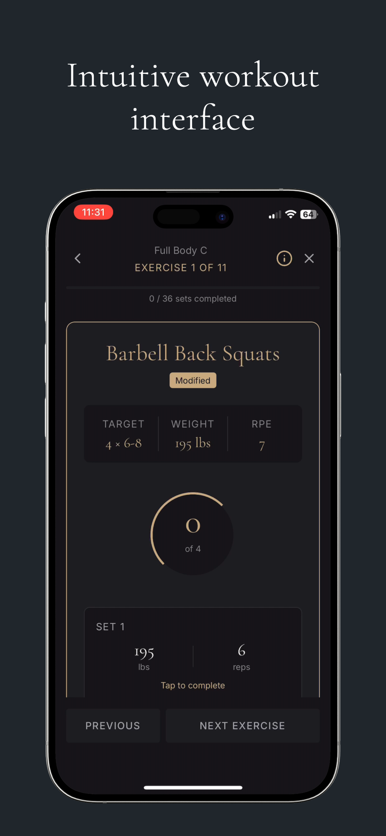 BioTrac workout screen for tracking sets and perceived exertion