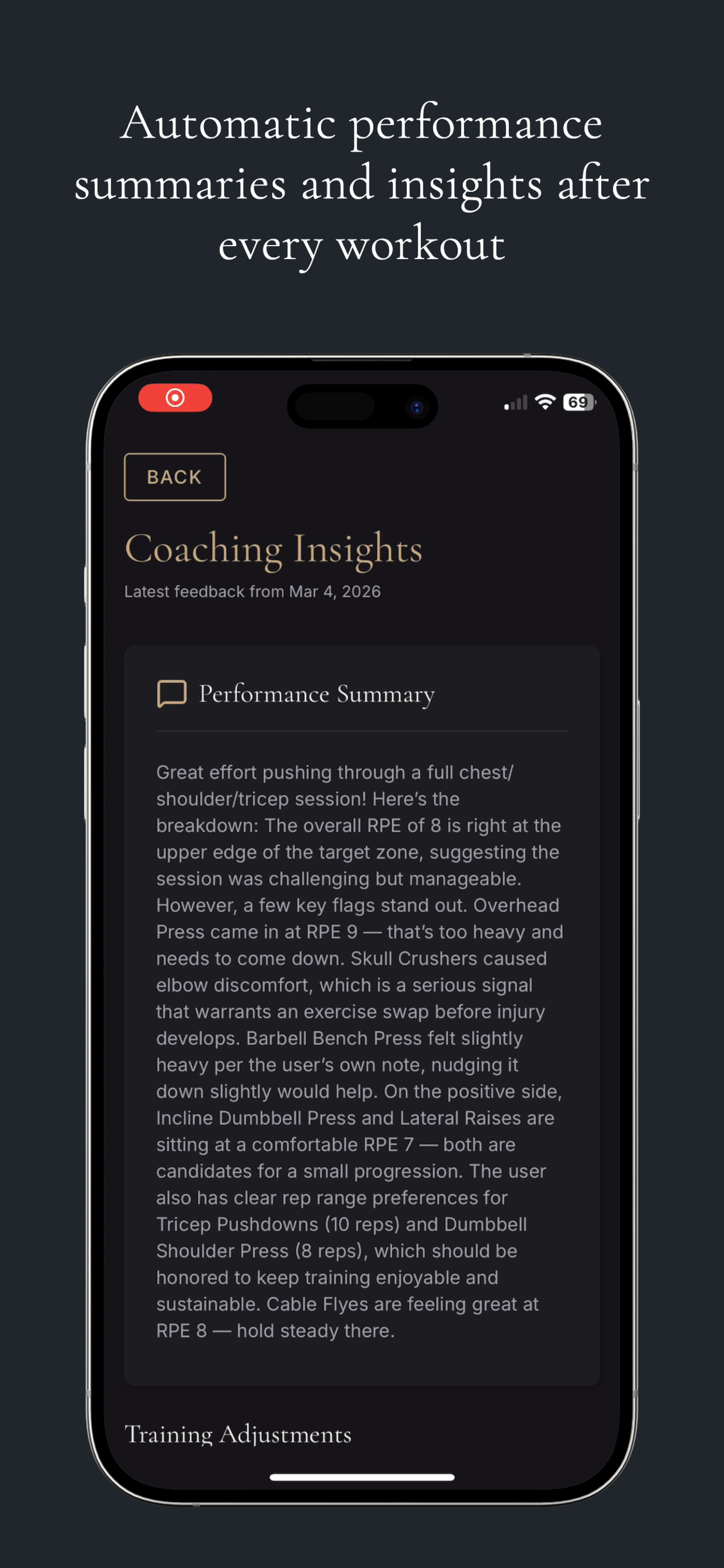 BioTrac coaching insight screen after a workout