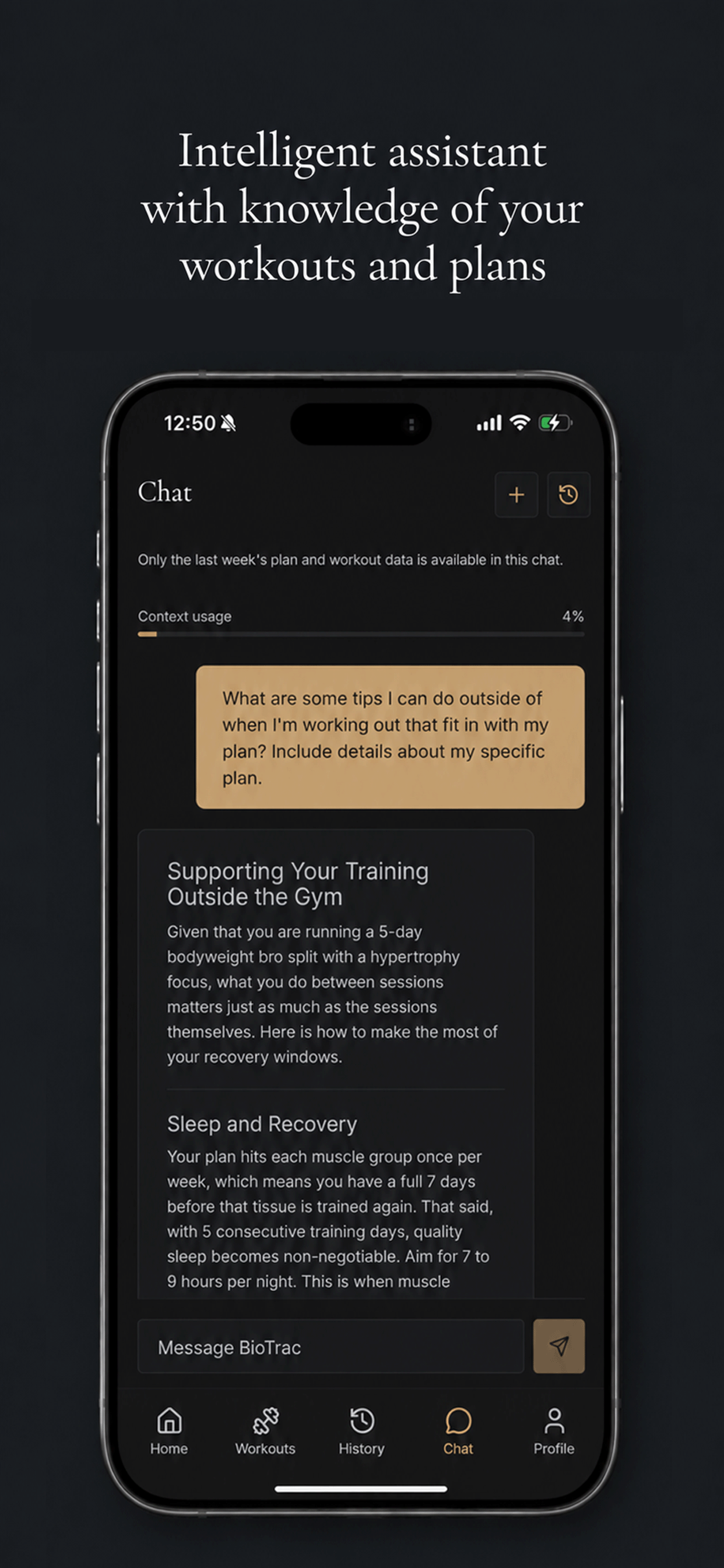 BioTrac intelligent chat screen for training questions and plan advice